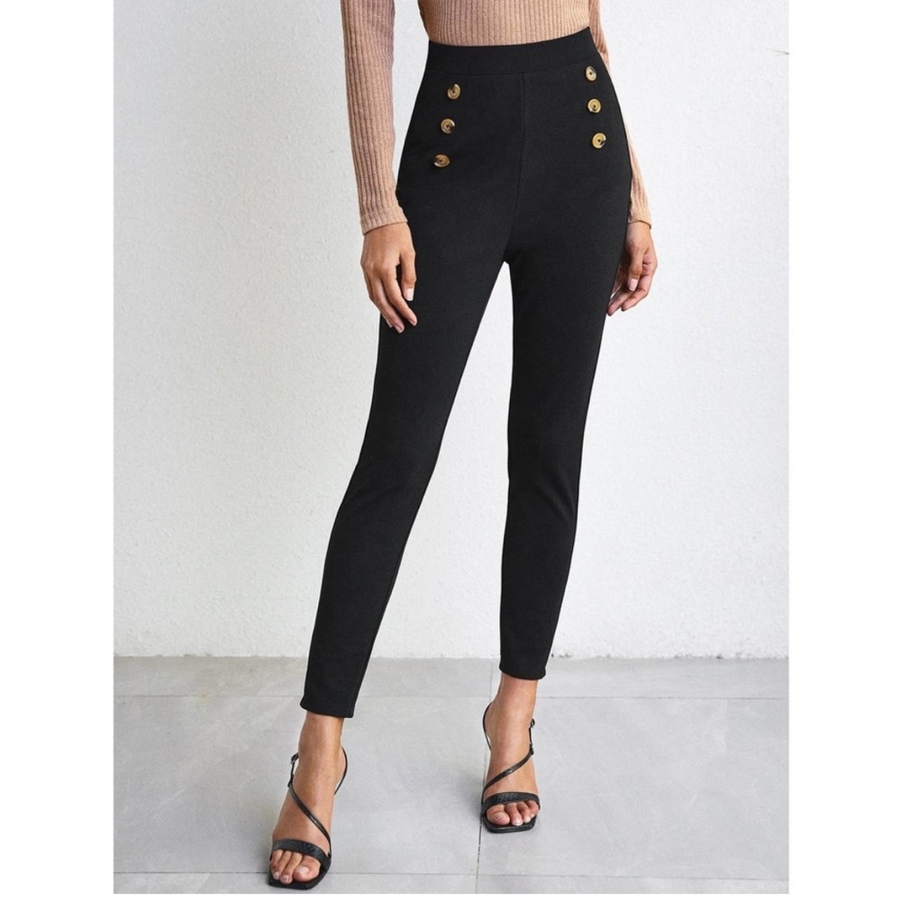 Double Button Solid Skinny Pants Minimalist Business Casual